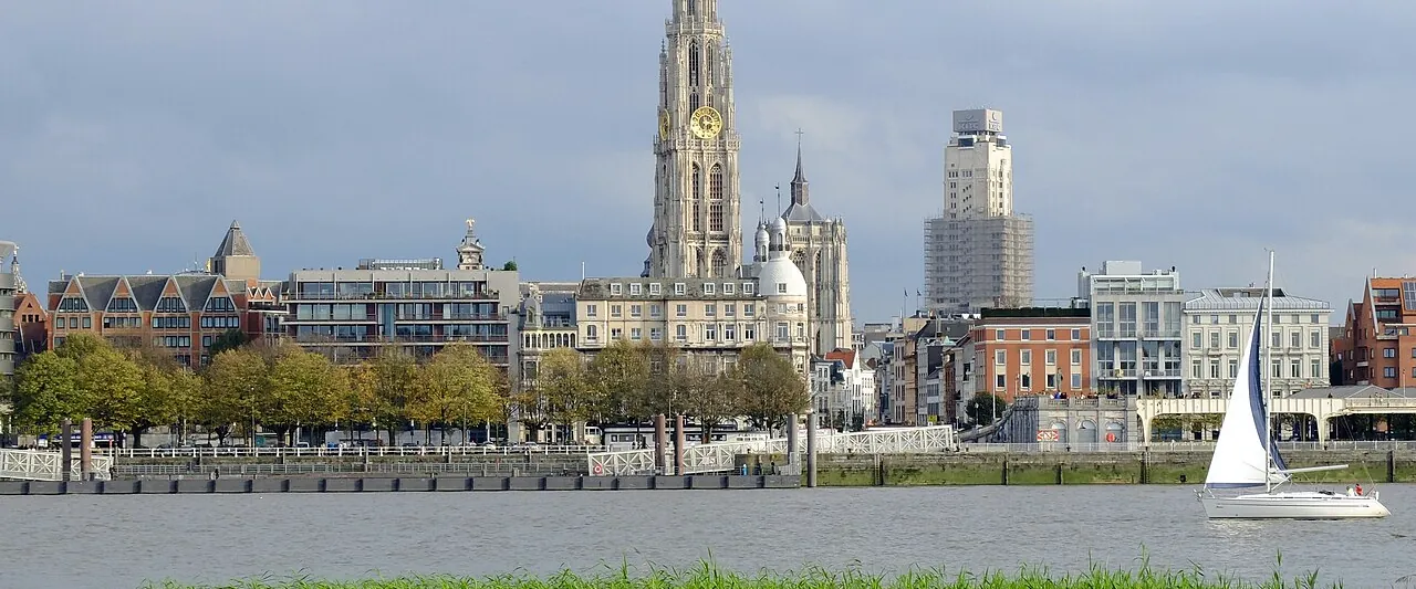 Antwerp skyline with the Cathedral of Our Lady and the Boerentoren, seen across the Scheldt from Linkeroever